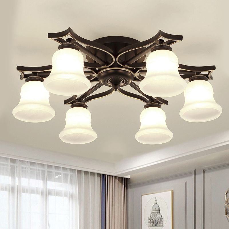 6 Bulbs Ceiling Mounted Fixture Vintage Bell Milk White Glass Flushmount Lighting in Black