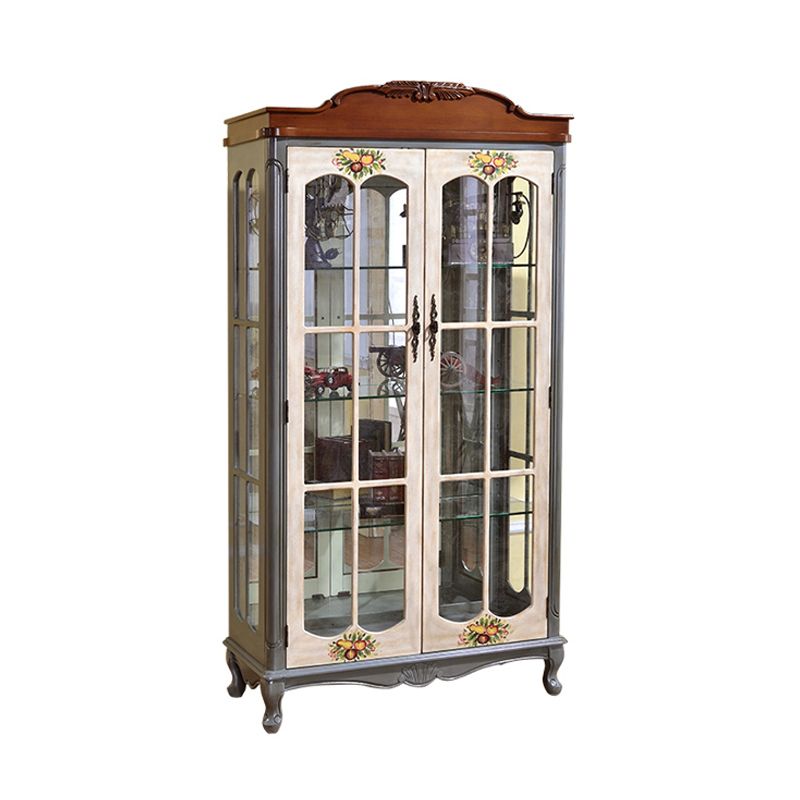 Industrial Accent Cabinet Solid Wood Storage Cabinet with Glass Doors