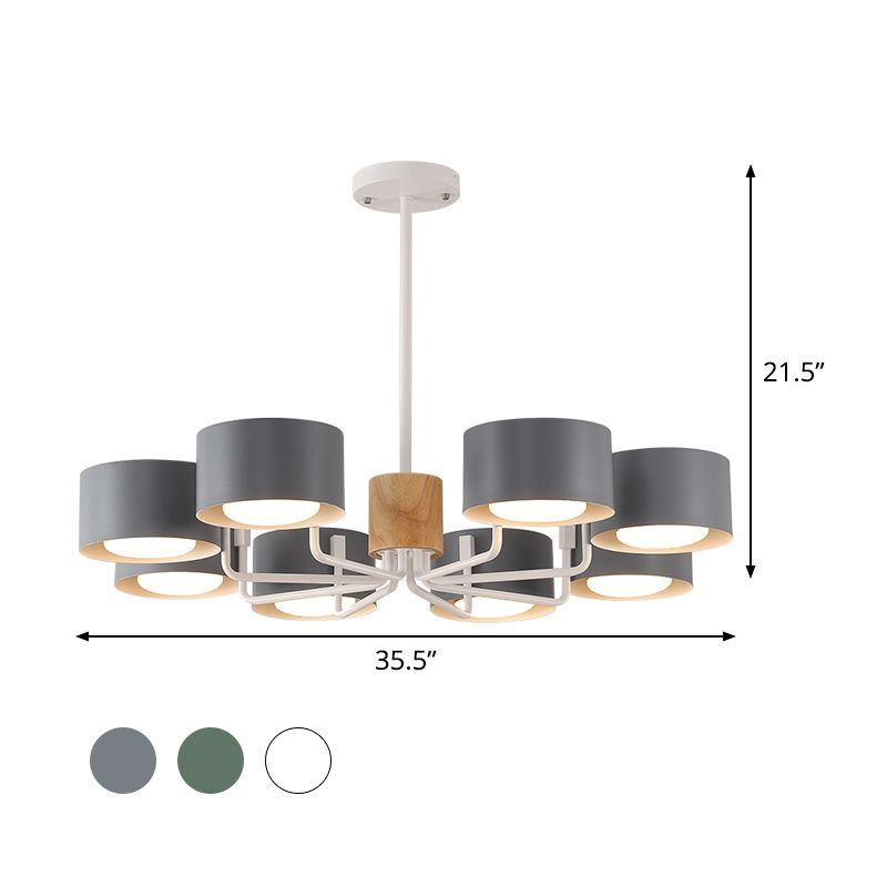 8 têtes salon lustre moderniste gris / vert / blanc finition pendentielle radiale avec ombre en fer à tambour