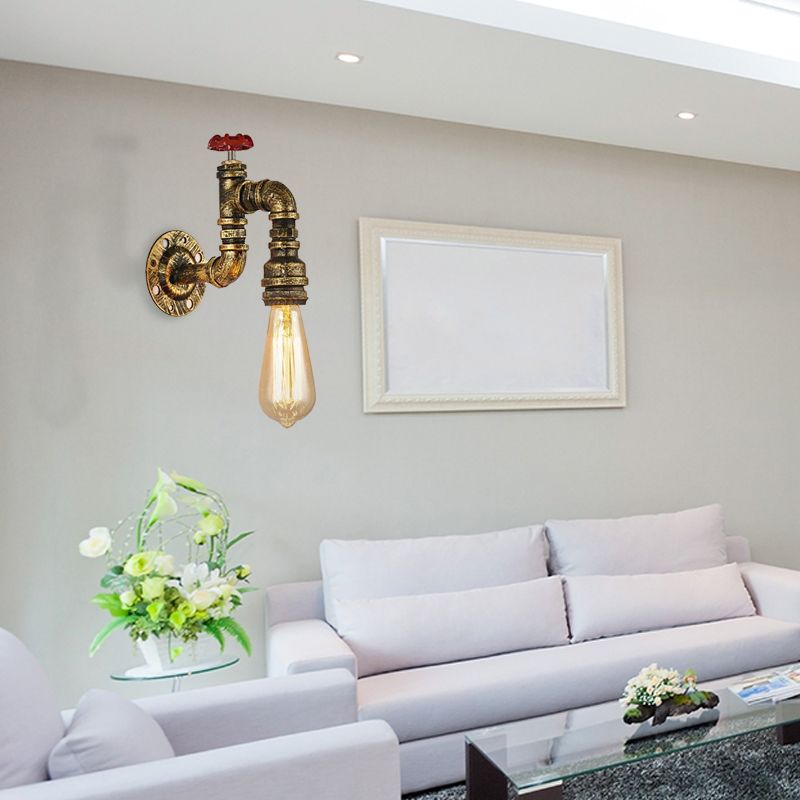 Antique Brass Faucet Shaped Wall Sconce with Valve Industrial 1 Light Living Room Wall Mount Light