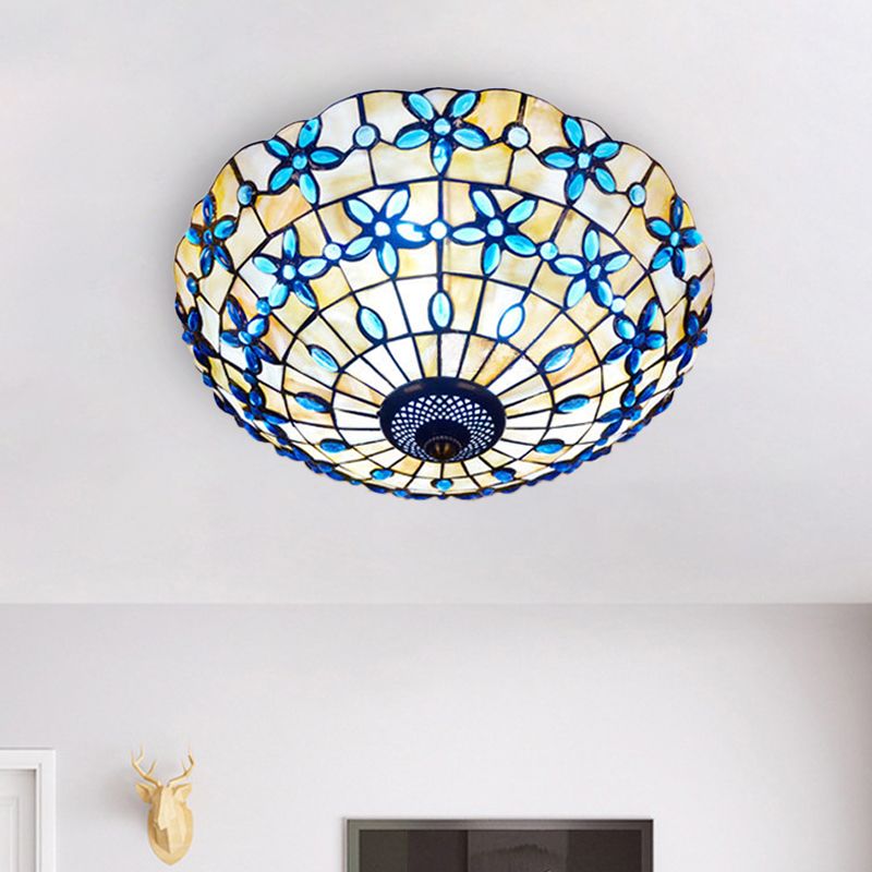 Mediterranean Bowl-Shape Flush Light 3/4 Heads Shell Ceiling Mounted Lamp in Blue, 16"/21" Width