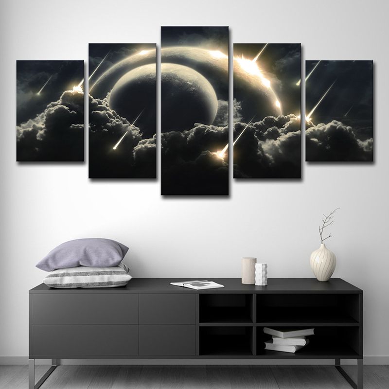 Gold Meteor Shower Canvas Dark Cloudy Planets Sci-Fi Multi-Piece Wall Art for Kids Room