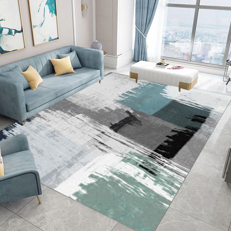 Blue and Grey Modern Rug Polyester Brushstroke Painting Print Rug Washable Non-Slip Backing Carpet for Living Room