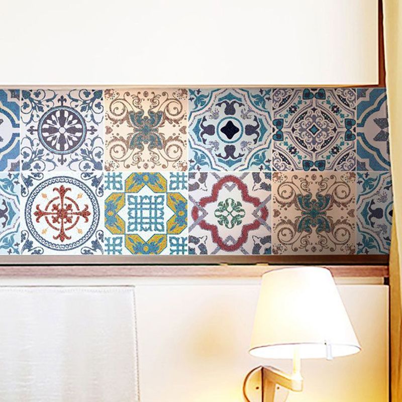 Floral Mosaic Tile Wallpaper Panels Bohemia Smooth Adhesive Wall Covering in Purple