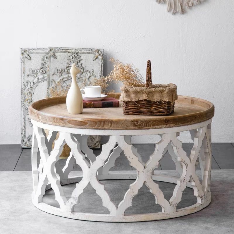 Rustic Solid Wood/Metal Round Distressed Living Room Accent Side Table