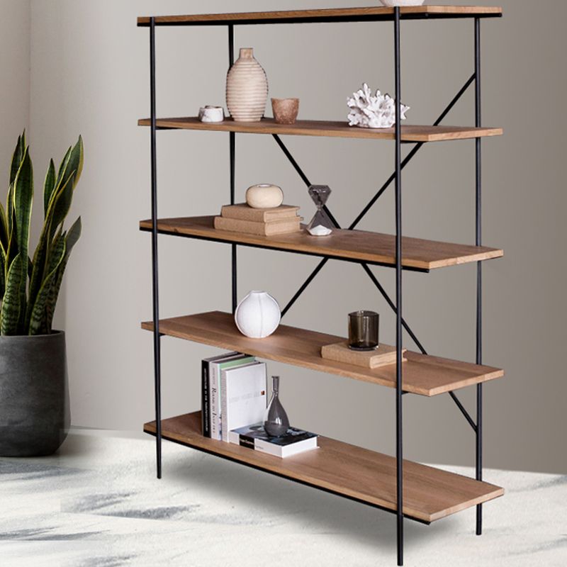Industriële open etagere boekenplank van 5 plank met ijzeren frame dennenhoutplank