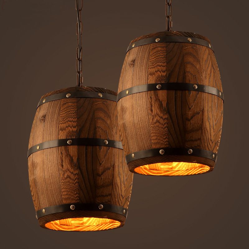 Wooden Barrel Shaped Creative Hanging Light Industrial Style Single Light Suspended Light with 27.5" Hanging Chain