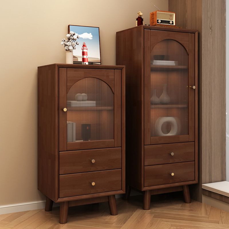 Mid Century Solid Wood 1-Door Cabinet Glass Paned Side Cabinet with 2-Drawer