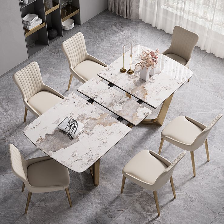 Modern Rectangle Shape Kitchen Dining Set Extendable Sintered Stone Top Dining Set with Trestle Base