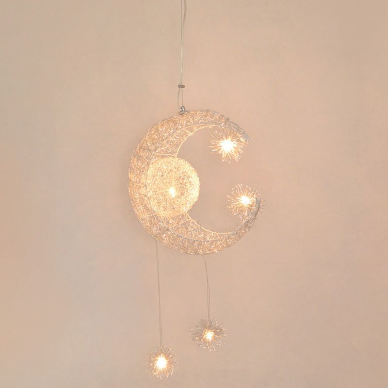 5 Lights Moon and Star Ceiling Suspension Lamp Kids Metallic Pendant Light Fixtures for Boys Girls Bedroom