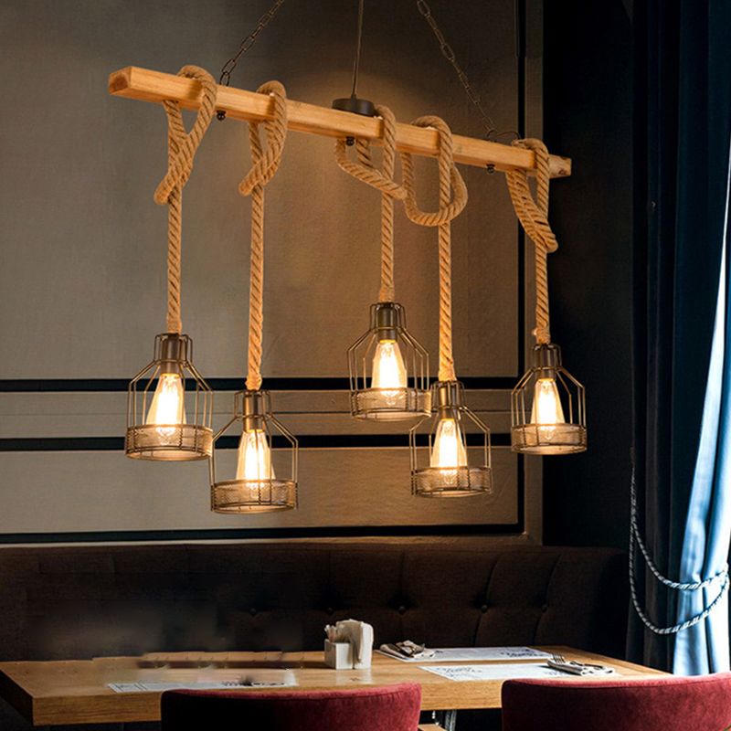 Industrial Wood Pendant Light Linear Shape Island Light with Metal Shade for Bar Counter