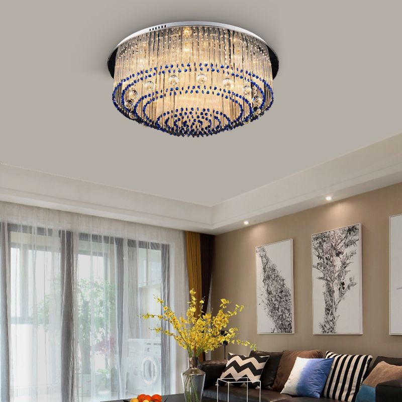 Round Crystal Rod Flush Mount Lamp Contemporary 6/9/14 Lights Nickel Ceiling Light Fixture