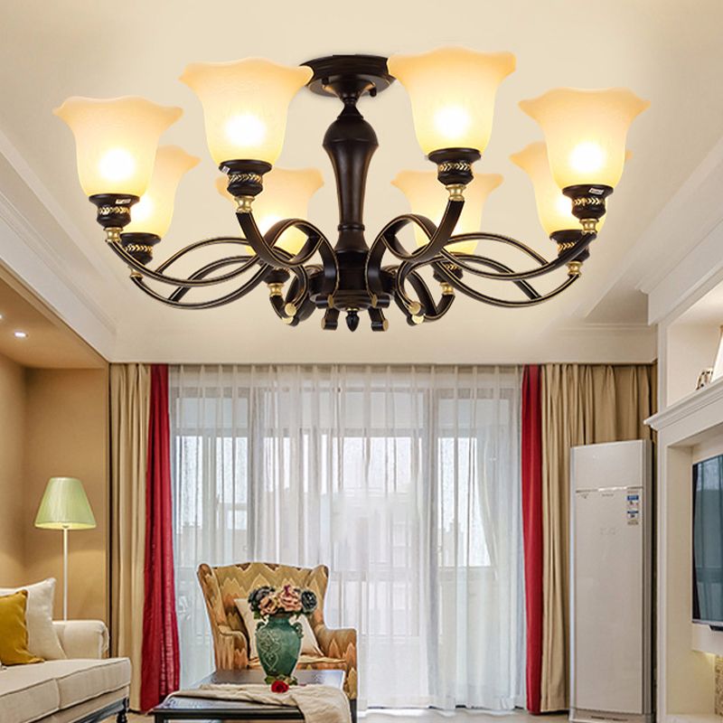 Éclairage de lustre en fleur traditionnel 3/6/8 têtes White Grosted Glass Plafond Lampe Fixture en noir pour le salon