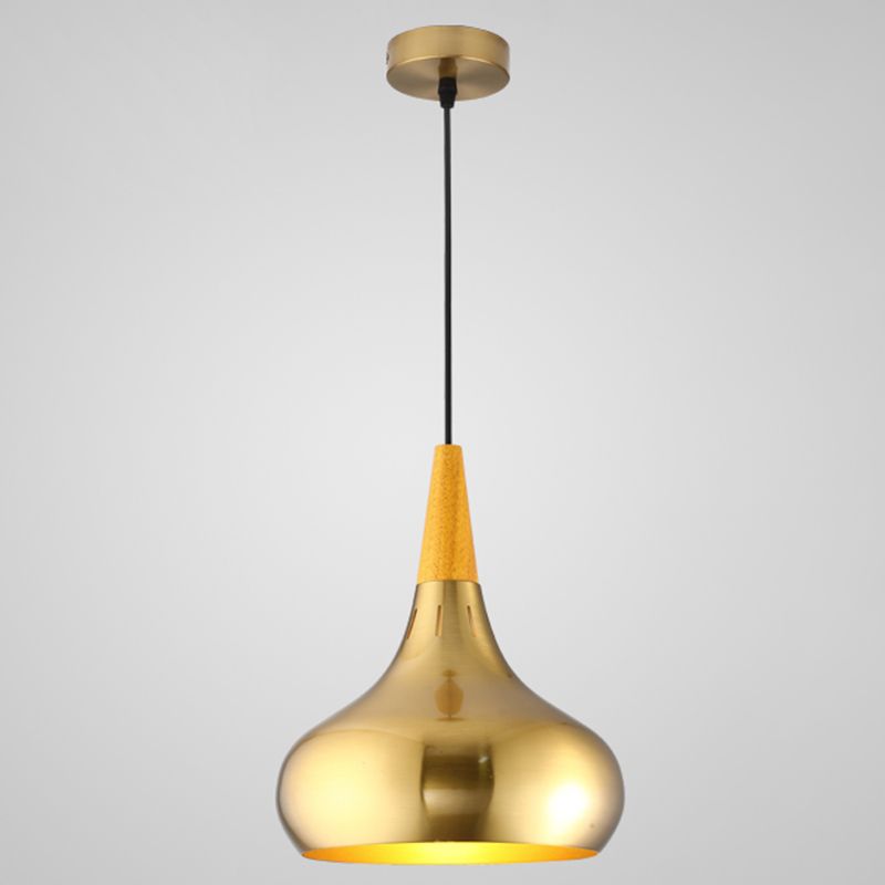 Gold Wood Capped Ceiling Pendant Light Minimalist Style Metal Hanging Light Fixture