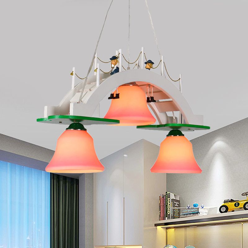 Pink Glass Bell Chandelier Kids 3-Light Down Lighting Pendant with Wooden Bridge Design