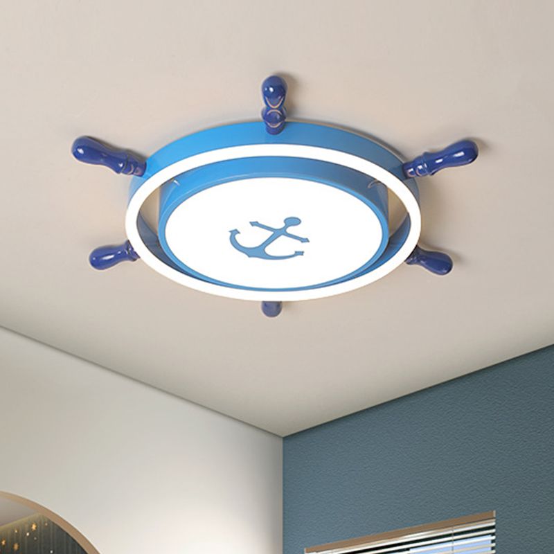 Mediterranean Rudder Iron Flush Light LED Flush Mount Lighting Fixture in Blue with Anchor Pattern