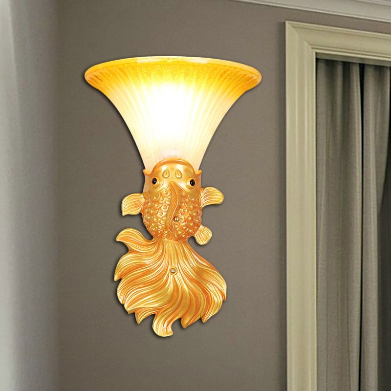 Pesce a forma di resina murale sconce country 1 testa ristorante rosso/oro lampada da monte a parete con tonalità a campana di vetro ambra