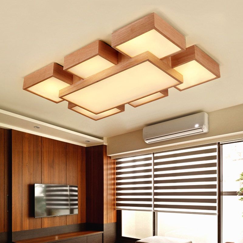 Beige vierkant/rechthoekblokspoellicht modern 22 "/31,5"/42 "brede LED houten plafond gemonteerde lamp