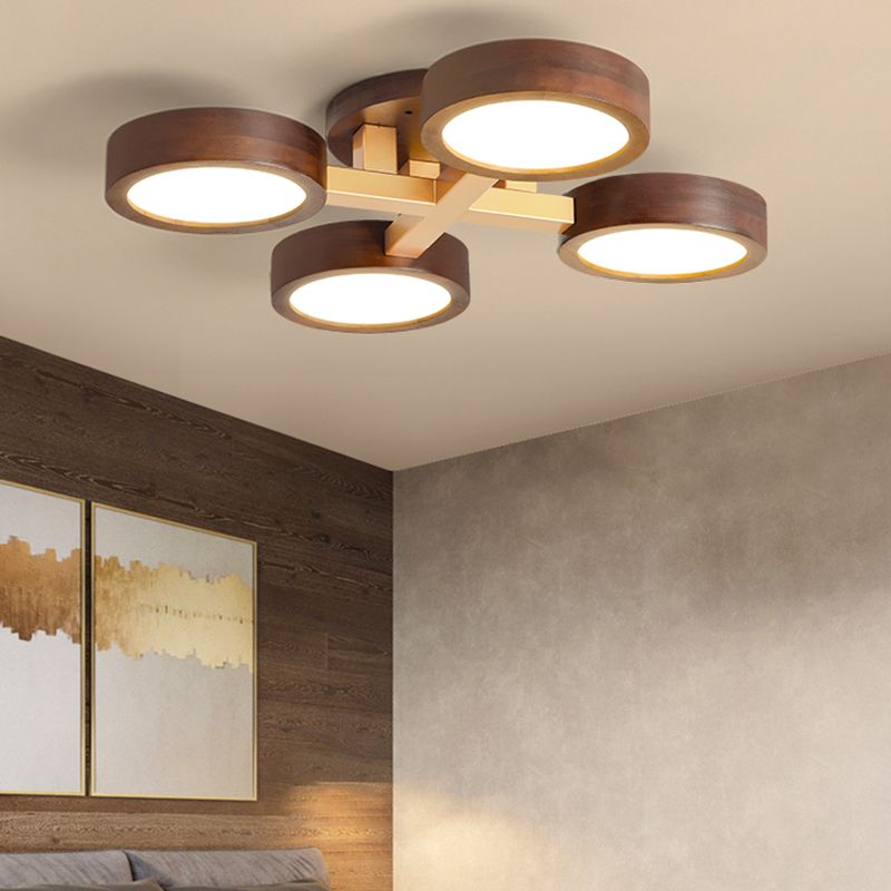 Brown Wood Modern Flush Mount Circle Shape Ceiling Light with Acrylic Shade for Passage