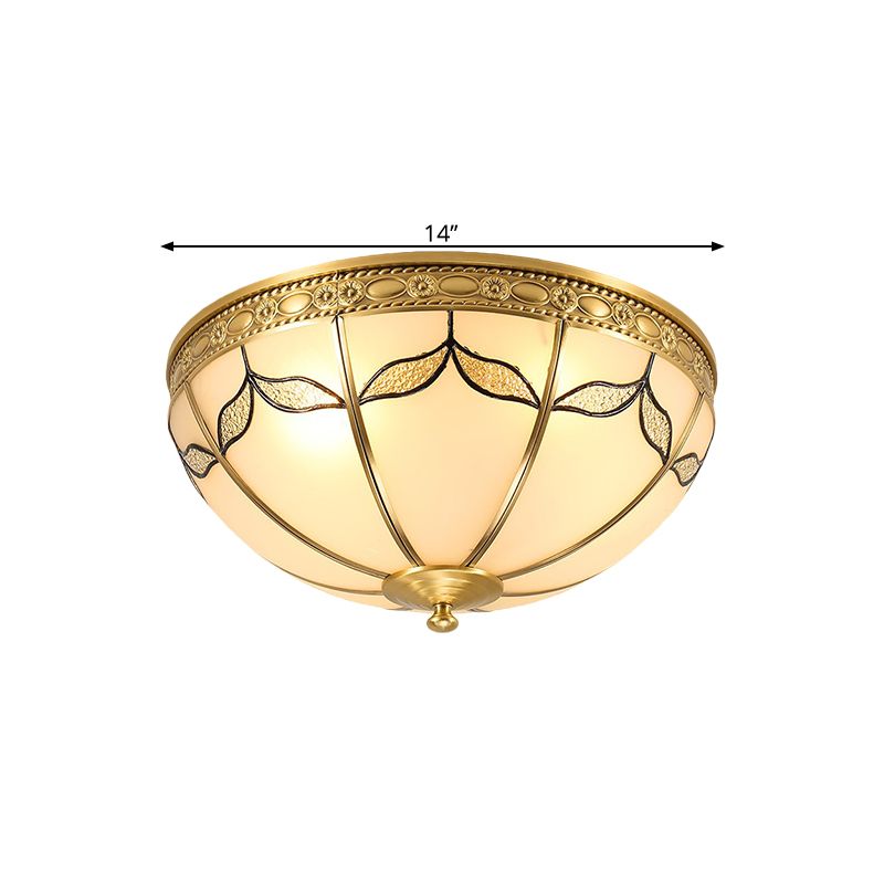 14"/18" W Countryside Domed Flush Lamp 3/4 Lights Milky Glass Ceiling Mounted Fixture with Leaf Pattern in Brass