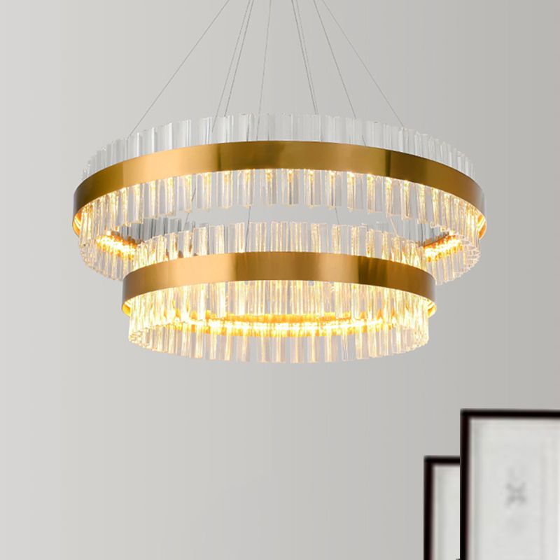 2 Tiers Living Room Hanging Lamp Three Side Crystal Rod Postmodern 23.5"/31.5" Wide LED Hanging Light in Gold