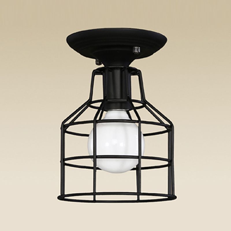 Metal Caged Flush Mount Industrial Style 1 Light Living Room Flush Ceiling Licht in Schwarz
