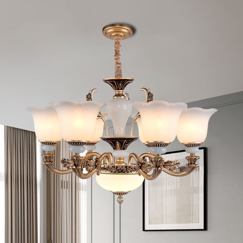 Metallic Gold Hanging Chandelier Swooping Arm 6/8/10 Heads Antiqued Style Ceiling Pendant with Floral Shade