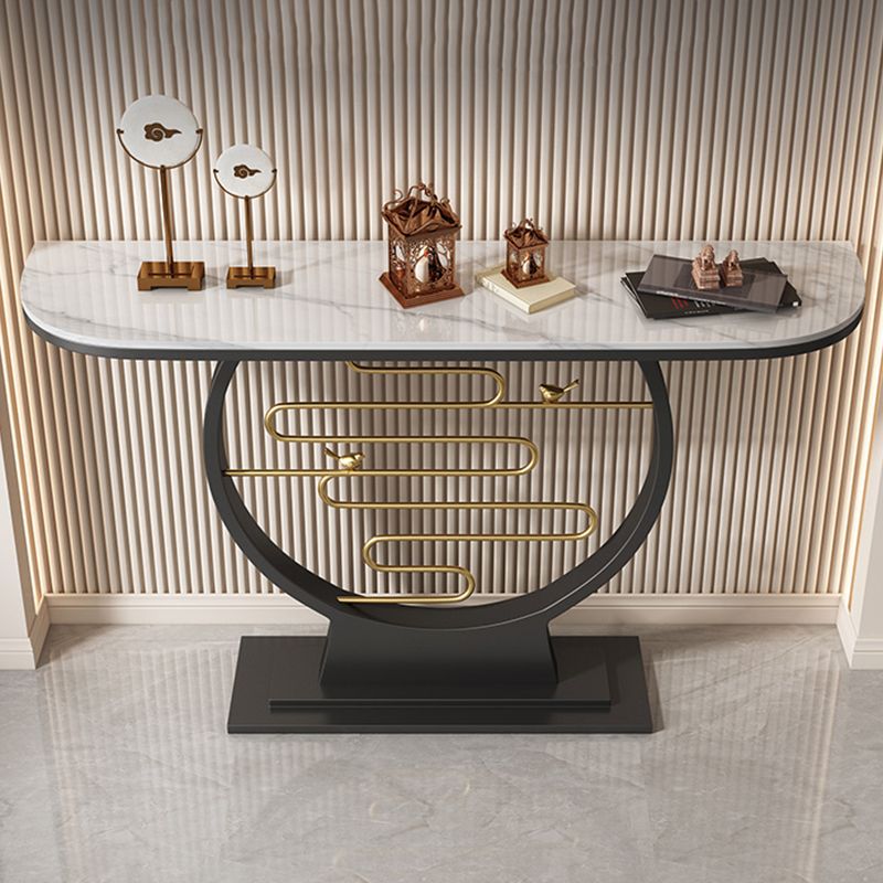 31.5" Tall Stone Console Accent Table Half Moon End Table with Shelf