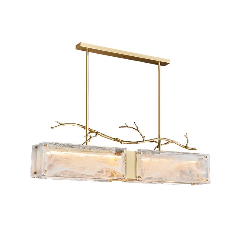 2-Light Island Light Modern Style Rectangular Shape Glass Pendant Lighting in Gold