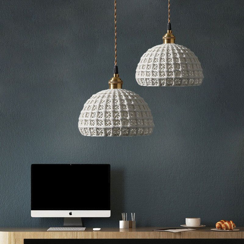 Nordic Grid Dome Hanging Lamp 6.5"/8" Wide Single Bulb Ceramics Pendant Light for Dining Room Corridor - White