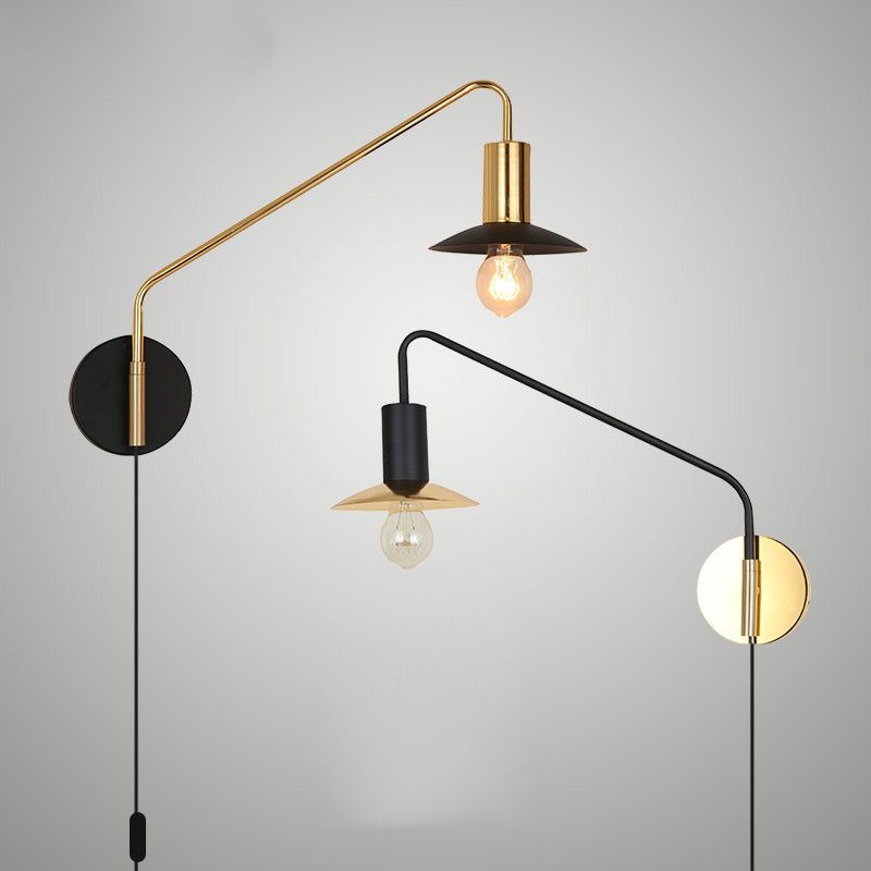 Metal Swing Arm Sconce Lamp Industrial Style Single Living Room Reading Light with Saucer Lampshade