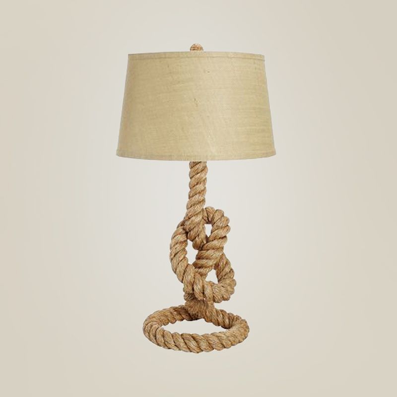 Fabric White Desk Light Barrel 1 Head Industrial Night Table Lamp with Coarse Knots Rope Base for Living Room