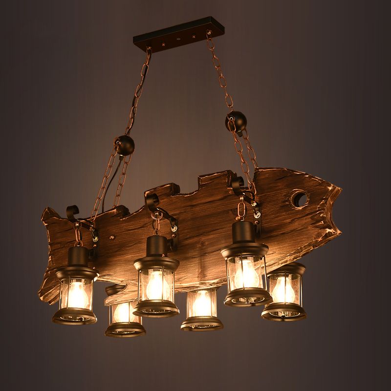 6 Heads Island Lighting Rustic Fish Shaped Wood Hanging Lamp with Lantern Shade in Brown