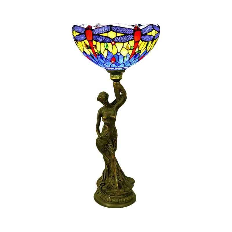 Bowl Table Lighting 1 Head Stained Glass Baroque Petal/Dragonfly Patterned Night Lamp in Brass with Resin Naked Woman Base
