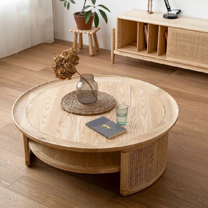 Scandinavian Round Coffee Table with Shelf in Wicker and Solid Wood