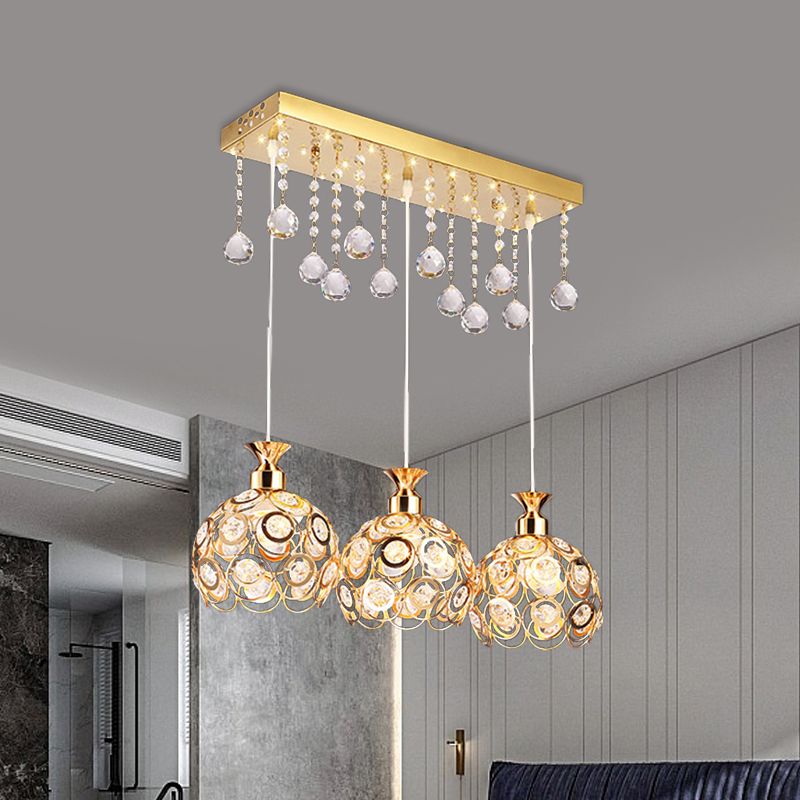 Gold Finish Domed Cluster Light Pendant Modern 3-Head Crystal Embedded Hanging Lamp Kit