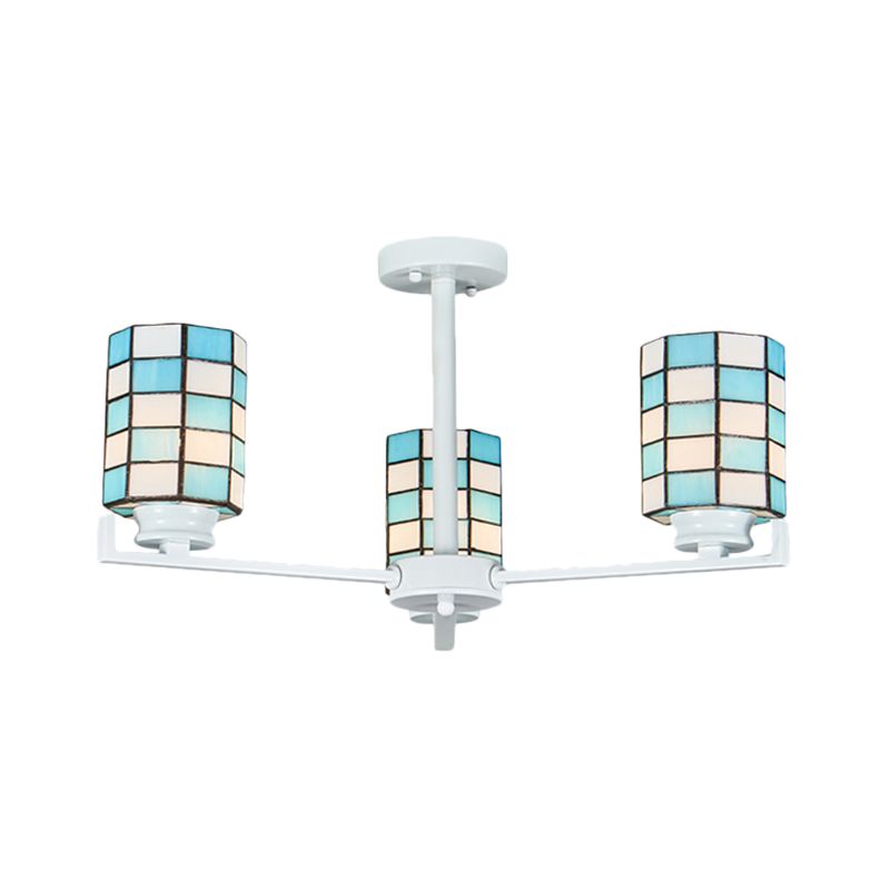 Stained Glass Black/White Semi Mount Lighting Cylinder 3/6/8 Lights Baroque Ceiling Mounted Light