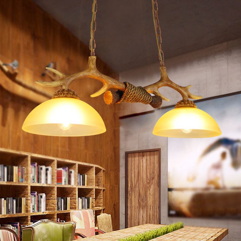 2 Bulbs Pendant Light Retro Dome Beige Glass Hanging Island Light with Decorative Deer Horn