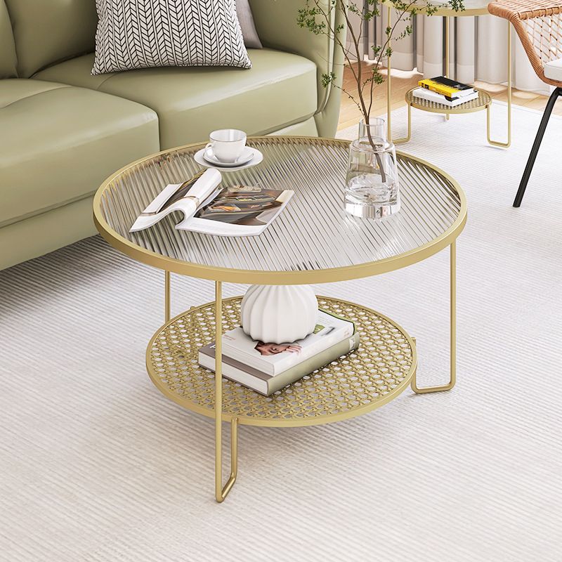 Modern Round Glass Top Coffee Table with 3 Iron Legs and Shelf