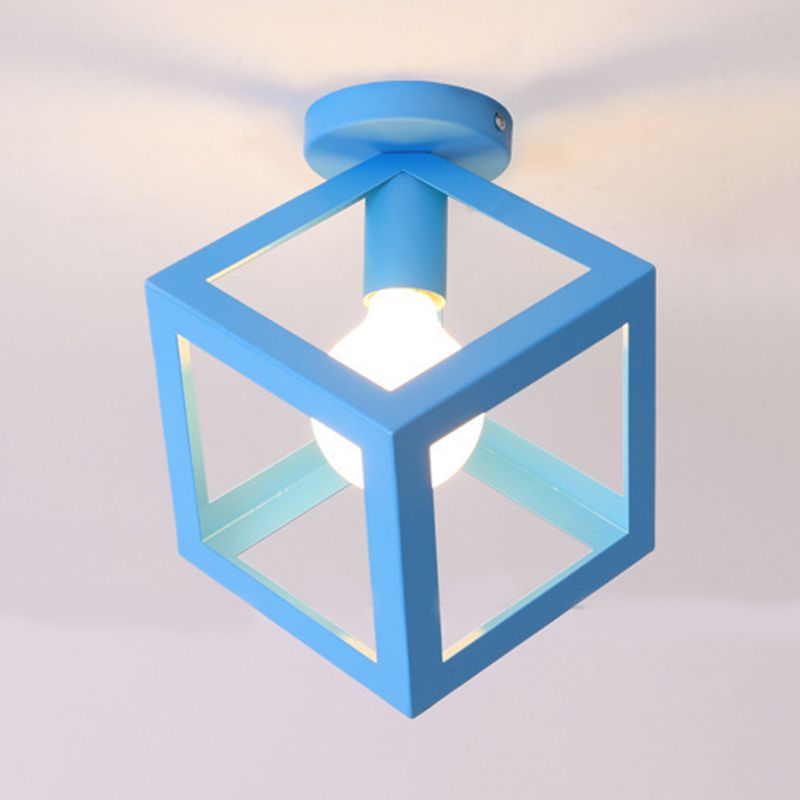 1 Light Squared Ceiling Mounted Light with Wire Guard Loft Style Black/Gray Metallic Semi-Flush Lighting for Bedroom