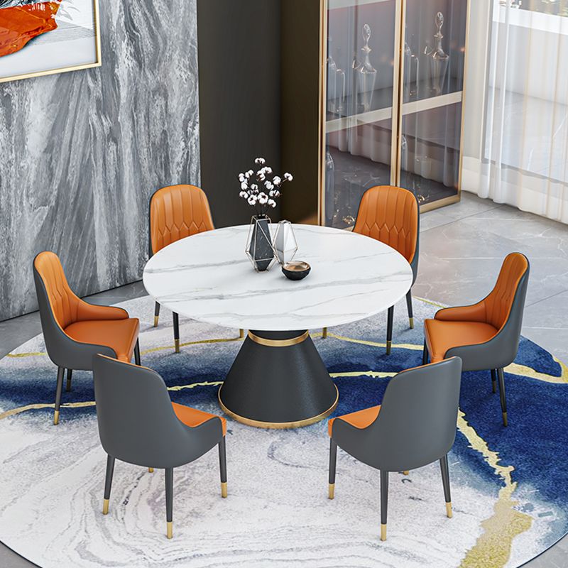 Round Stone Dining Table Black Base Traditional Luxury Dinette Table in White
