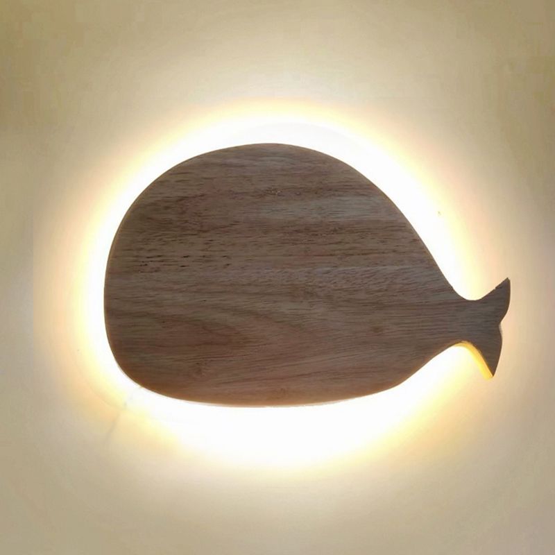 Black/White/Beige Whale Wall Lighting Cartoon Wood LED Flush Wall Sconce with/without Clock in Warm/White Light
