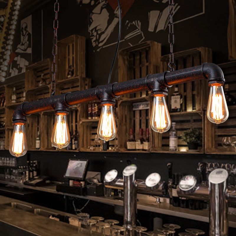 5 Heads Hanging Light Vintage Linear Pipe Iron Island Ceiling Light for Restaurant