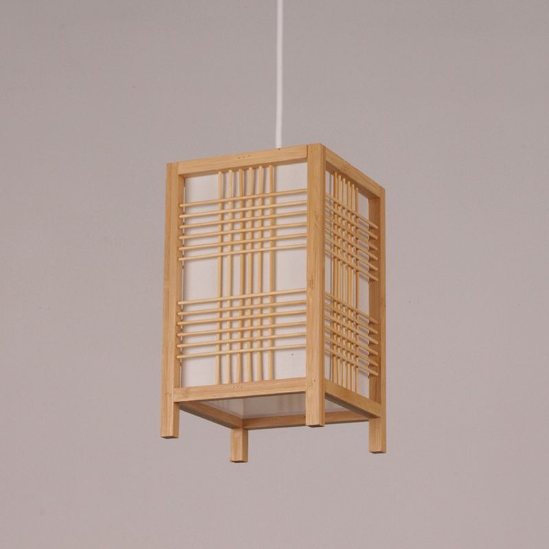 Chinese Rectangular Pendant Lighting Wood 1 Bulb Hanging Ceiling Light in Beige for Tearoom