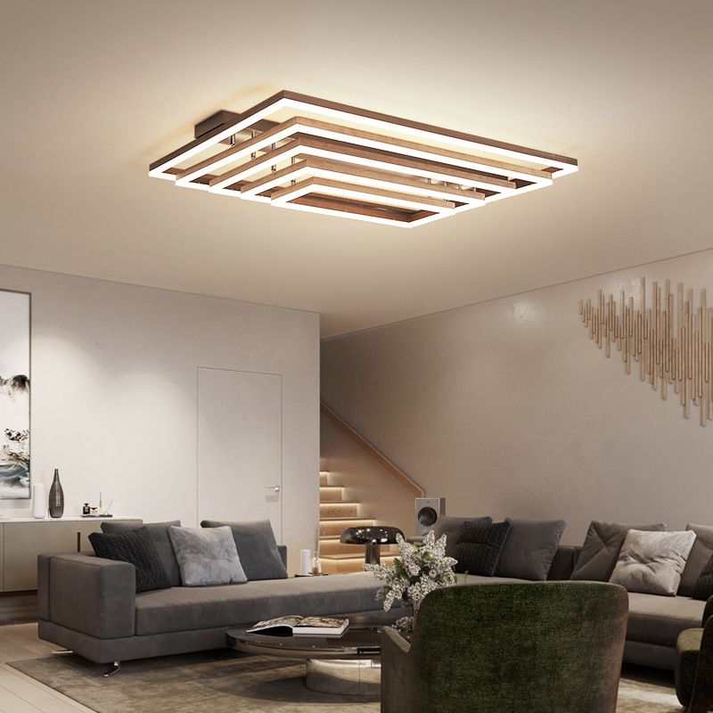 Multi-Tiered Rectangle Ceiling Lamp Minimalist Metal Living Room LED Flush Mount Lighting in Brown
