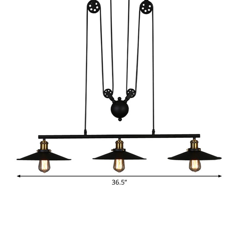 Black Flared Shade Island Lamp Rustic Metallic 3 Heads Dining Room Pendant Light with Pulley