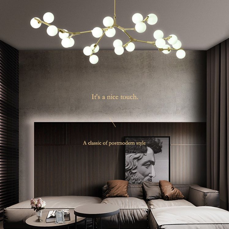Sospensione di ramo albero luce minimalista in metallo sala da pranzo lampadario con sfera di vetro bianco