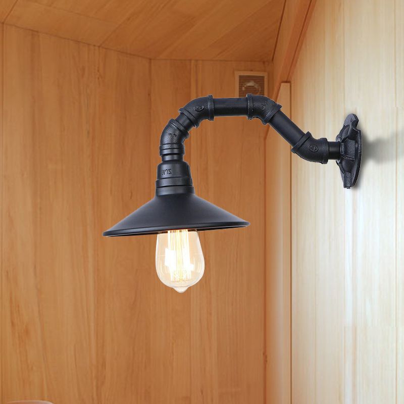 Industrial Curved Pipe Wall Lighting with Saucer Shade 1 Head Metallic Wall Mount Light in Black Finish