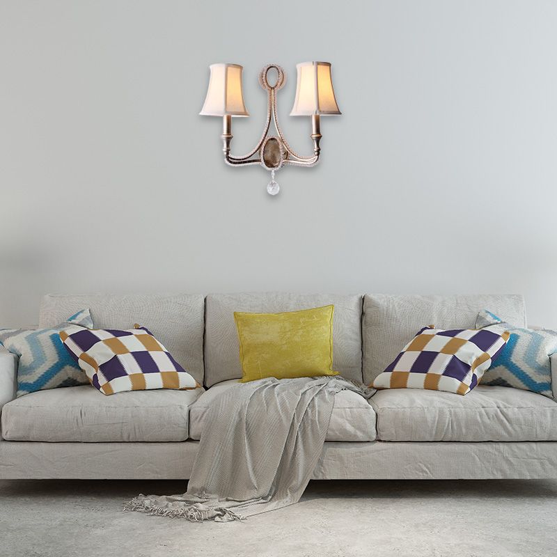 Retro Loft Fabric Wall Light Fixture 2 Heads Conical Sconce Light with Crystal Beaded Strand in Aged Silver