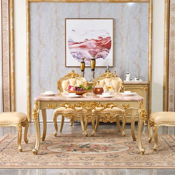 Rectangle 4 Legs Victorian Table Fixed Table with Marble Top